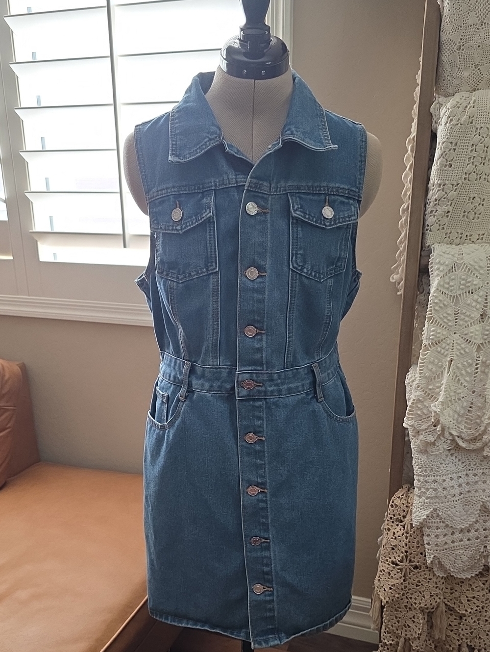 Classic Blue Sleeveless Denim Button-Front Mini Dress